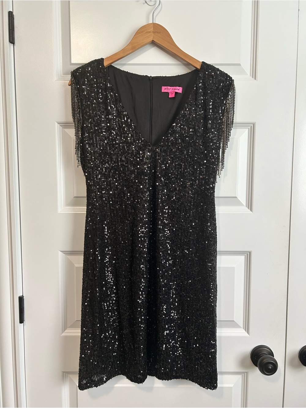 Betsey Johnson Black Sequined Mini Dress with Beaded Fringe